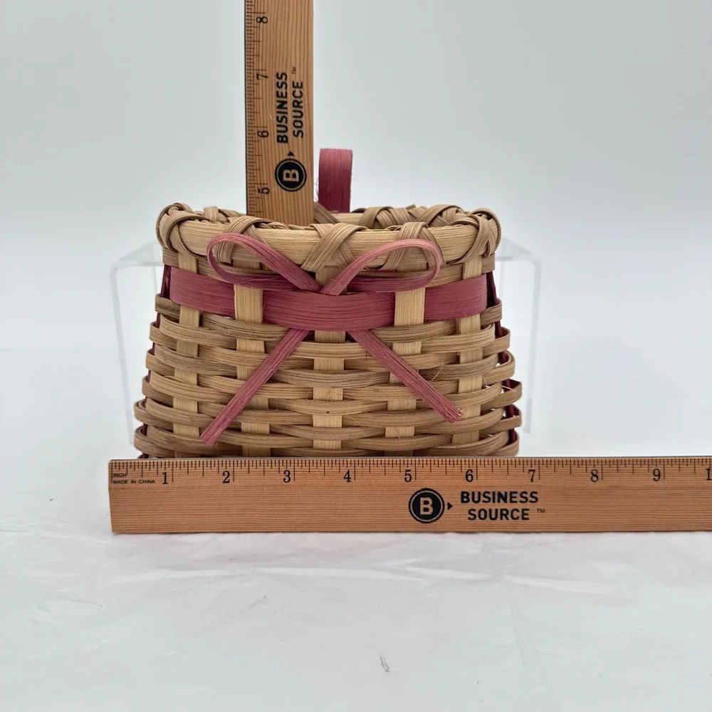 Woven Wall Basket 5x5 Small Tan Pink Bow Hanging Decor
